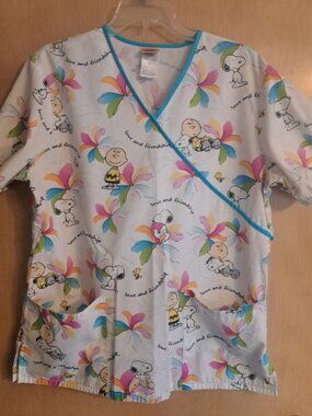 Peanuts Snoopy Love Friendship Scrub Top M Medium Women's Pink Blue White
